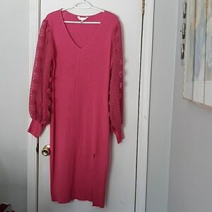 Sweater Dress Sexy Hot Pink Rib Knit Midi Long Sheer 3D  Sleeves NOBO Jr XL